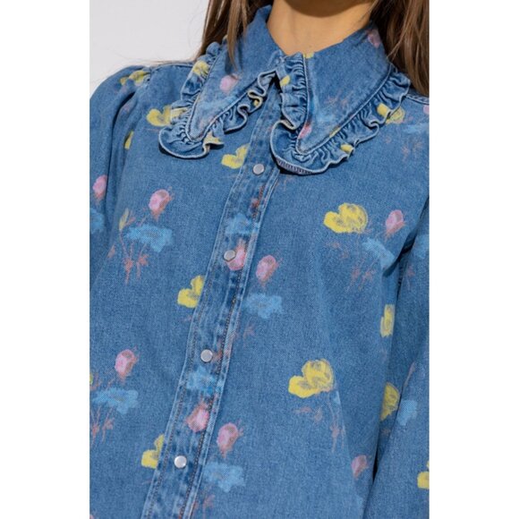 Ganni Printed Indigo Frill Collar Shirt Womens Size 44 US 14 Cottagecore Femme - Picture 4 of 13